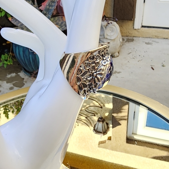 Paz Creations Blue Gold Glass Sterling Silver Ring Size 7 - Picture 3 of 6